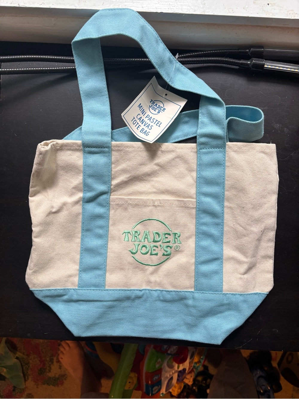 Cream and Light Blue Trader Joe’s mini Canvas Tote Bag